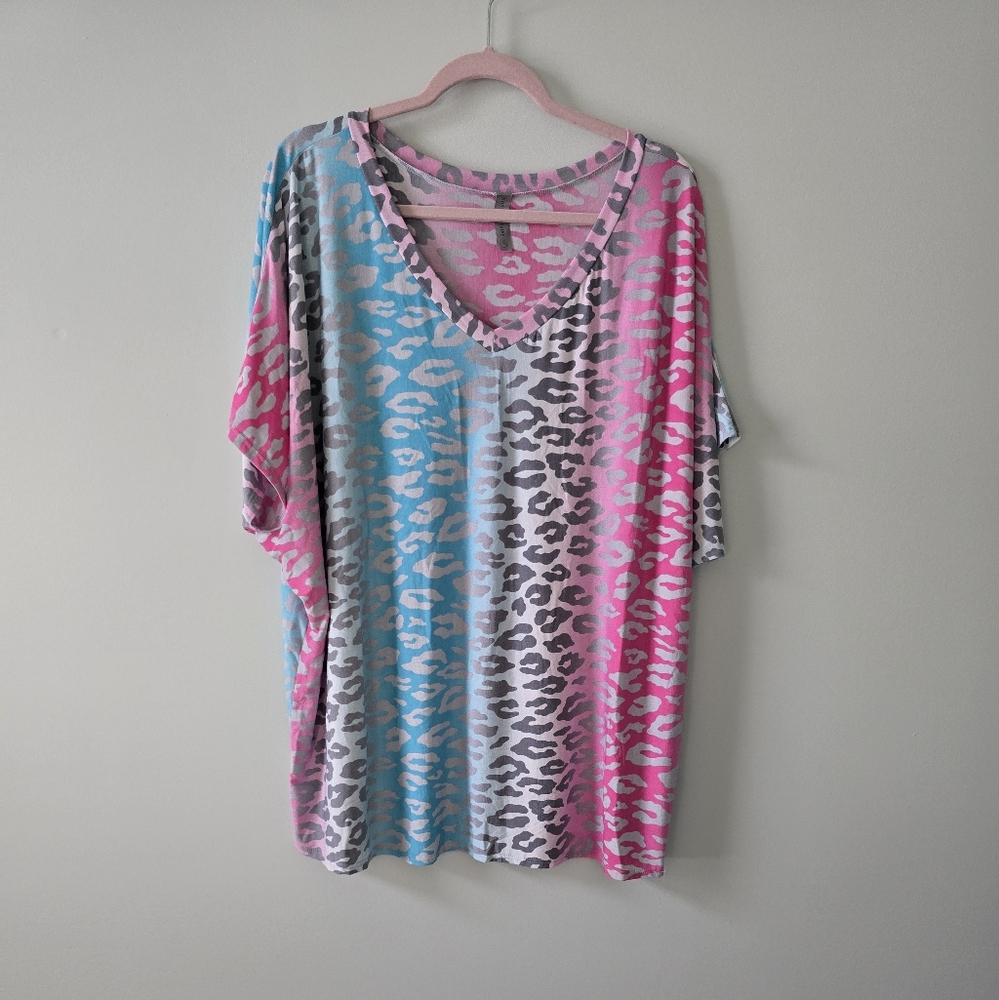 Honeyme Pink Blue Gray Leopard Print V-Neck Top